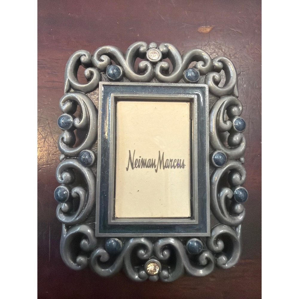 Jay Strongwater Neiman Marcus Mini Picture Frame Scroll Pewter Blue Cabochon